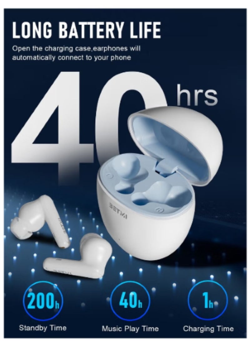 BETMI - BETMI - True Wireless Earbuds - In-Ear Bluetooth5.4 Headphones, IPX5 Waterproof TWS With Dual Mic For Sport, Light-Weight Earphones For Android iOS/iPhone - White-Blue - Image 1
