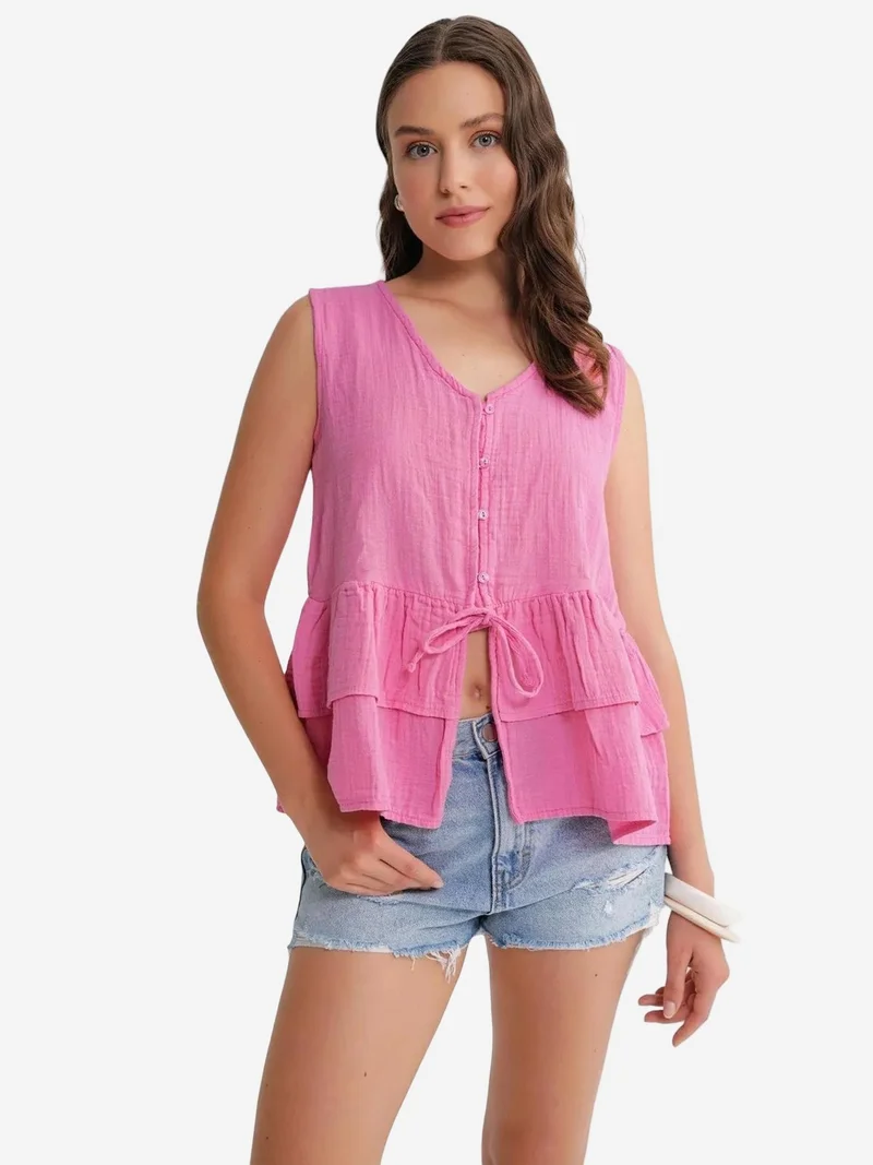 MixRay Mixray V-Neck Buttoned Cotton Blouse