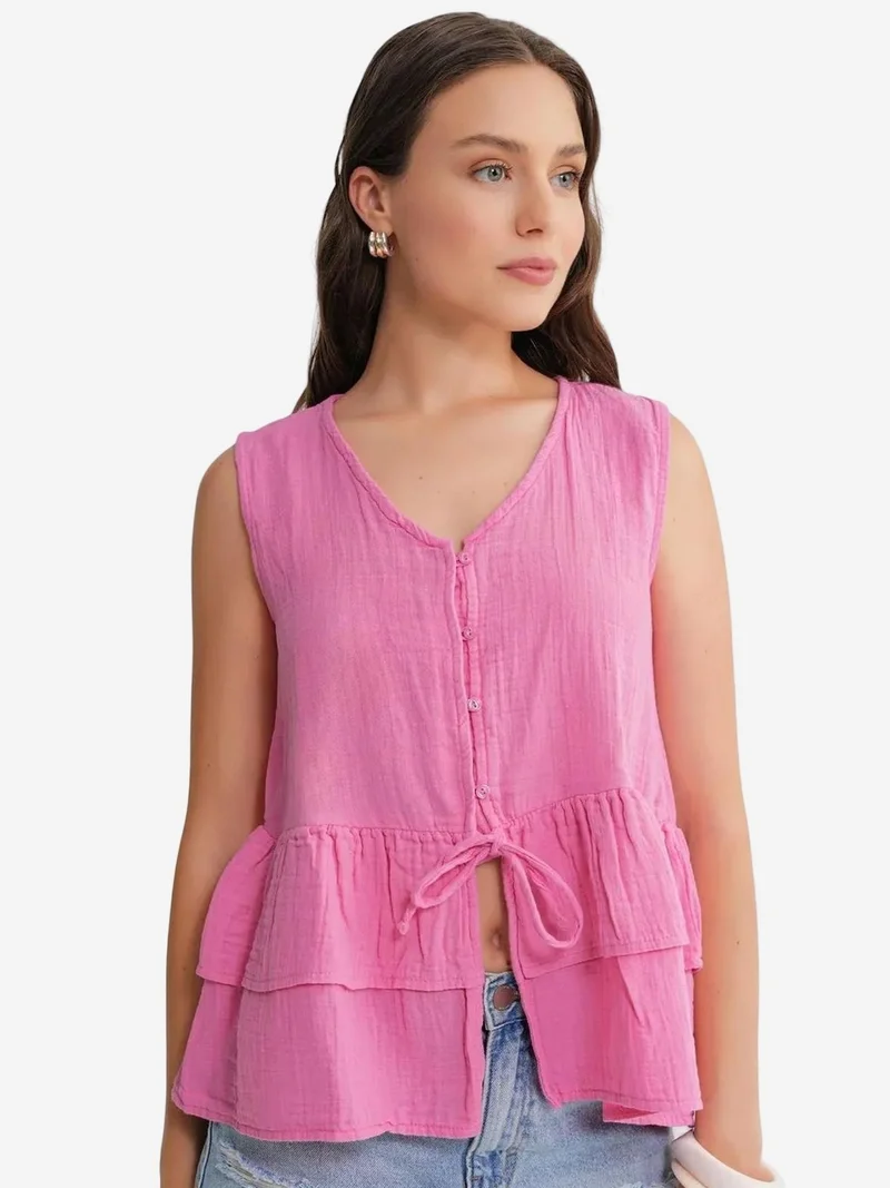 MixRay Mixray V-Neck Buttoned Cotton Blouse