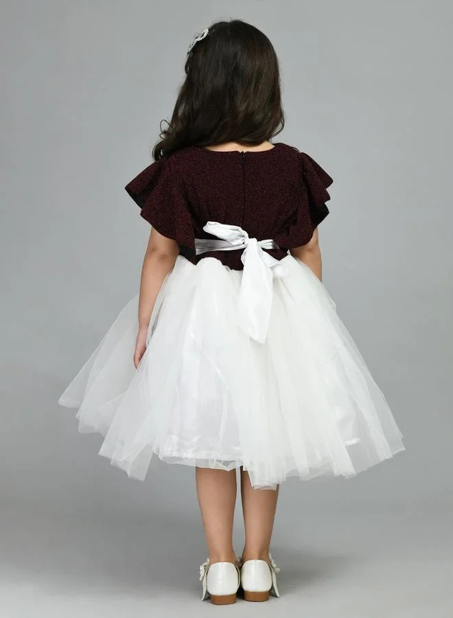 BELLA MODA Bella Moda Embellished Ruffled Sleeve Knee-Length Mesh Dress