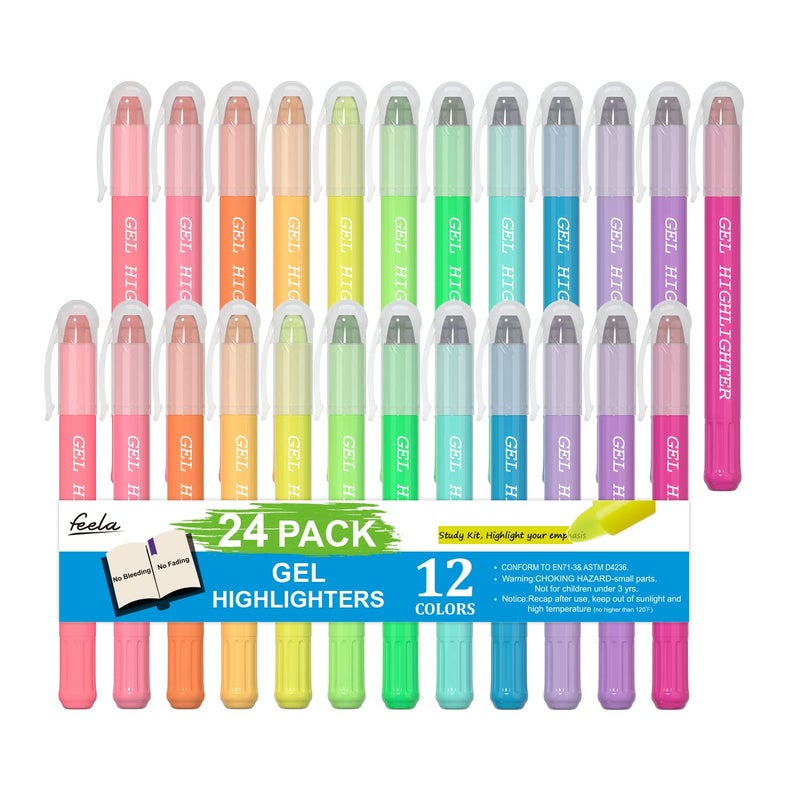 feela 24 Pack Gel Highlighters 12 Assorted Colors Bible Highlighter Markers Journaling Supplies No Bleed Through For Highlighting Journal School Office