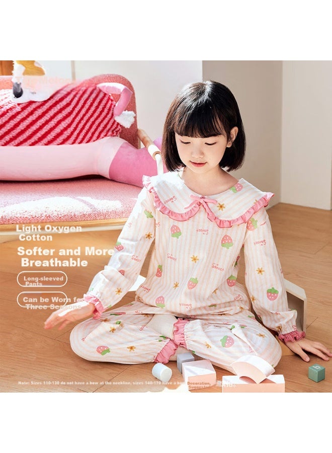 Top melon Dingguagua Children's Home Wear Set, Spring And Autumn, All-cotton Class A, Girls' Long-sleeve Top And Pants Pajamas, Two-piece Set, Pure Cotton, White, Size 130 - Image 1