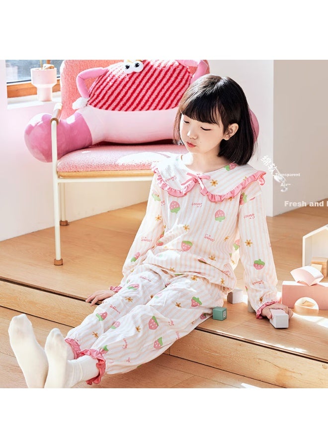 Top melon Dingguagua Children's Home Wear Set, Spring And Autumn, All-cotton Class A, Girls' Long-sleeve Top And Pants Pajamas, Two-piece Set, Pure Cotton, White, Size 130 - Image 2