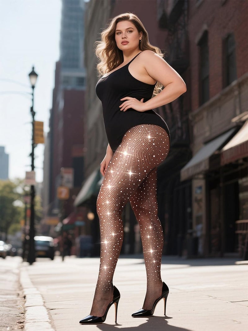 lmotpe 3XL 4XL Plus Size Black Fishnet Stockings For Women Sparkly Tights Rhinestone Fishnets Party Concert Stockings - Image 2