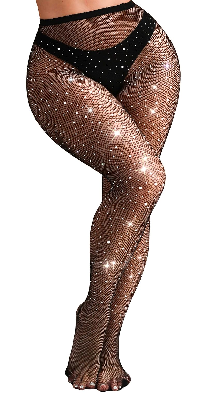 lmotpe 3XL 4XL Plus Size Black Fishnet Stockings For Women Sparkly Tights Rhinestone Fishnets Party Concert Stockings - Image 4