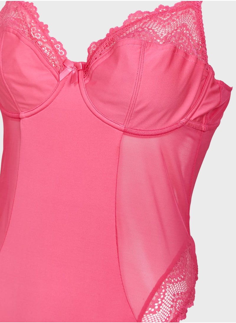 Ivory Rose - Microfibre & Zig Zag Lace Body Hot Pink - Curve - Image 1