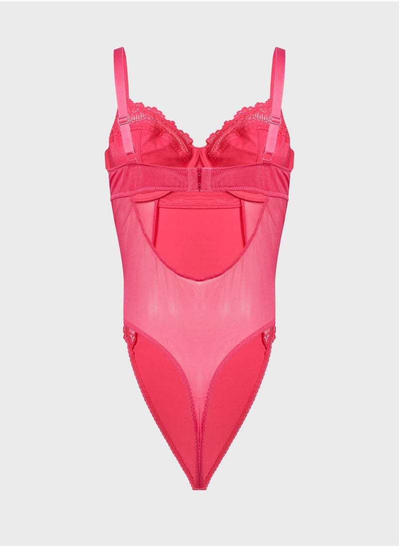 Ivory Rose - Microfibre & Zig Zag Lace Body Hot Pink - Curve - Image 1