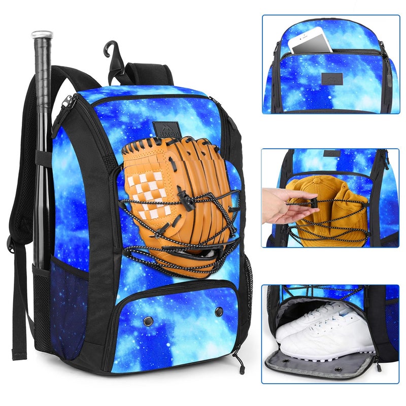 MATEIN Baseball Backpack, Lightweight Softball Bag with Shoes Compartment for Men Women, Baseball Bags Gifts for Adults with Fence Hook Hold 2 Bats, Batting Mitten, Helmet, Tball Gear, Galaxy Blue - Image 4