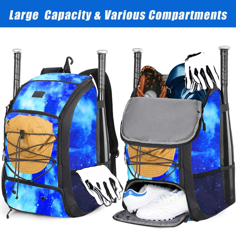 MATEIN Baseball Backpack, Lightweight Softball Bag with Shoes Compartment for Men Women, Baseball Bags Gifts for Adults with Fence Hook Hold 2 Bats, Batting Mitten, Helmet, Tball Gear, Galaxy Blue - Image 2