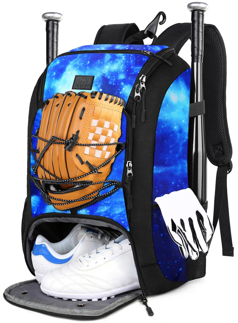 MATEIN Baseball Backpack, Lightweight Softball Bag with Shoes Compartment for Men Women, Baseball Bags Gifts for Adults with Fence Hook Hold 2 Bats, Batting Mitten, Helmet, Tball Gear, Galaxy Blue - Image 1