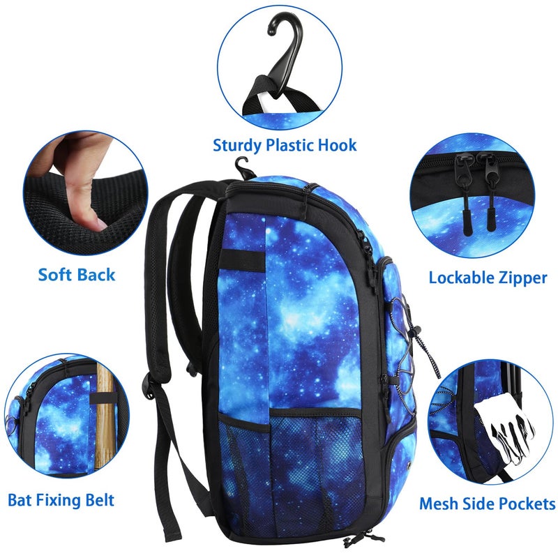 MATEIN Baseball Backpack, Lightweight Softball Bag with Shoes Compartment for Men Women, Baseball Bags Gifts for Adults with Fence Hook Hold 2 Bats, Batting Mitten, Helmet, Tball Gear, Galaxy Blue - Image 5