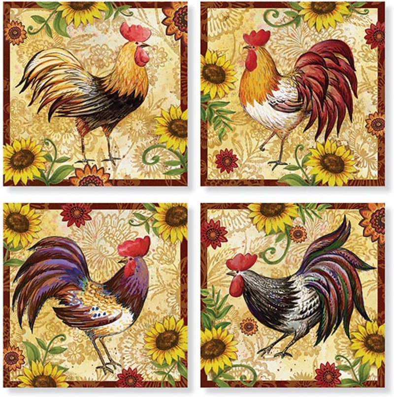 Set of 4 Rooster and Sunflower Square Stone Coaster Set by Carson Home Accents