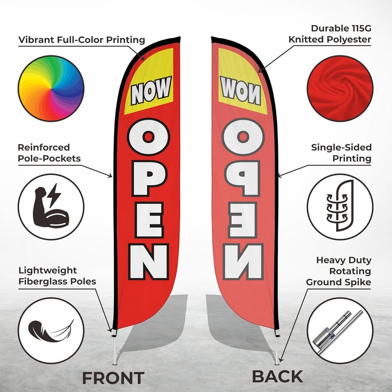 73Hours Feather Flag Pole Kit  12 Feet Tall Advertising Flag Banner with Fiberglass Pole Kit and Ground Spike for Business Promotion  Grand Opening Flags  Now Open Red  Yellow 10M1200030 - Image 2