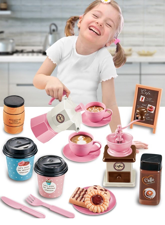 Tea Party Set for Little Girls, 38pcs Coffee Maker Set and Play Food Dessert Set for Kids Age 3 4 5 6 7 8 9, Toy Accessories, Kids Pretend Play for Princess Girls Boys (Pink) - Image 1