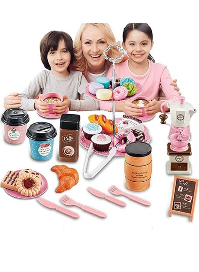 Tea Party Set for Little Girls, 38pcs Coffee Maker Set and Play Food Dessert Set for Kids Age 3 4 5 6 7 8 9, Toy Accessories, Kids Pretend Play for Princess Girls Boys (Pink) - Image 2