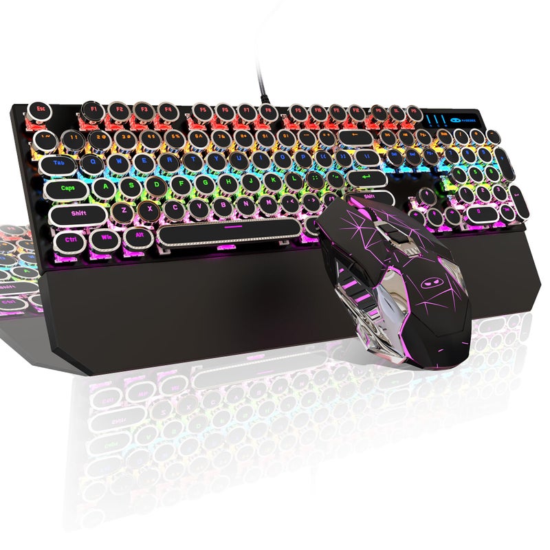 MageGee Typewriter Mechanical Gaming Keyboard and Mouse Combo, Retro Punk Round Keycaps RGB Rainbow Backlit Wired Keyboard for Game and Office, for Windows Laptop PC, Red Switches(Black) - Image 1