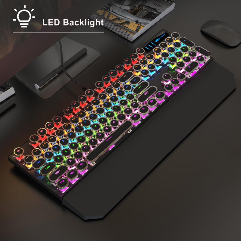 MageGee Typewriter Mechanical Gaming Keyboard and Mouse Combo, Retro Punk Round Keycaps RGB Rainbow Backlit Wired Keyboard for Game and Office, for Windows Laptop PC, Red Switches(Black) - Image 2
