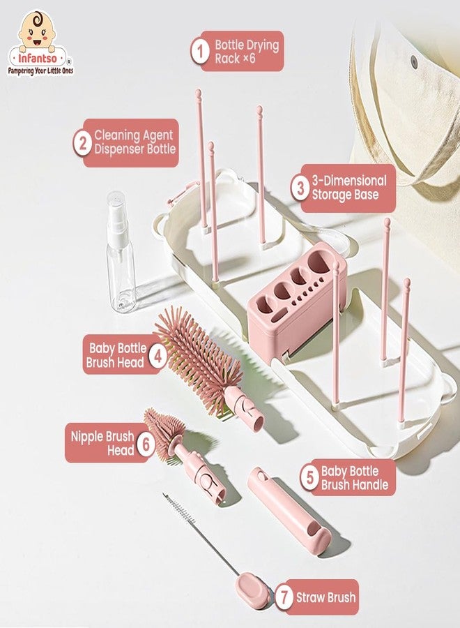 u-grow Infantso Foam-O (10-in-1) Baby Bottle Cleaning Brush Set – Feeding Bottle Cleaner Kit for Newborn Essentials with Pacifier Brush, Straw Brush, Drying Rack & Soap Dispenser | BPA-Free Silicone Bristles - Image 2