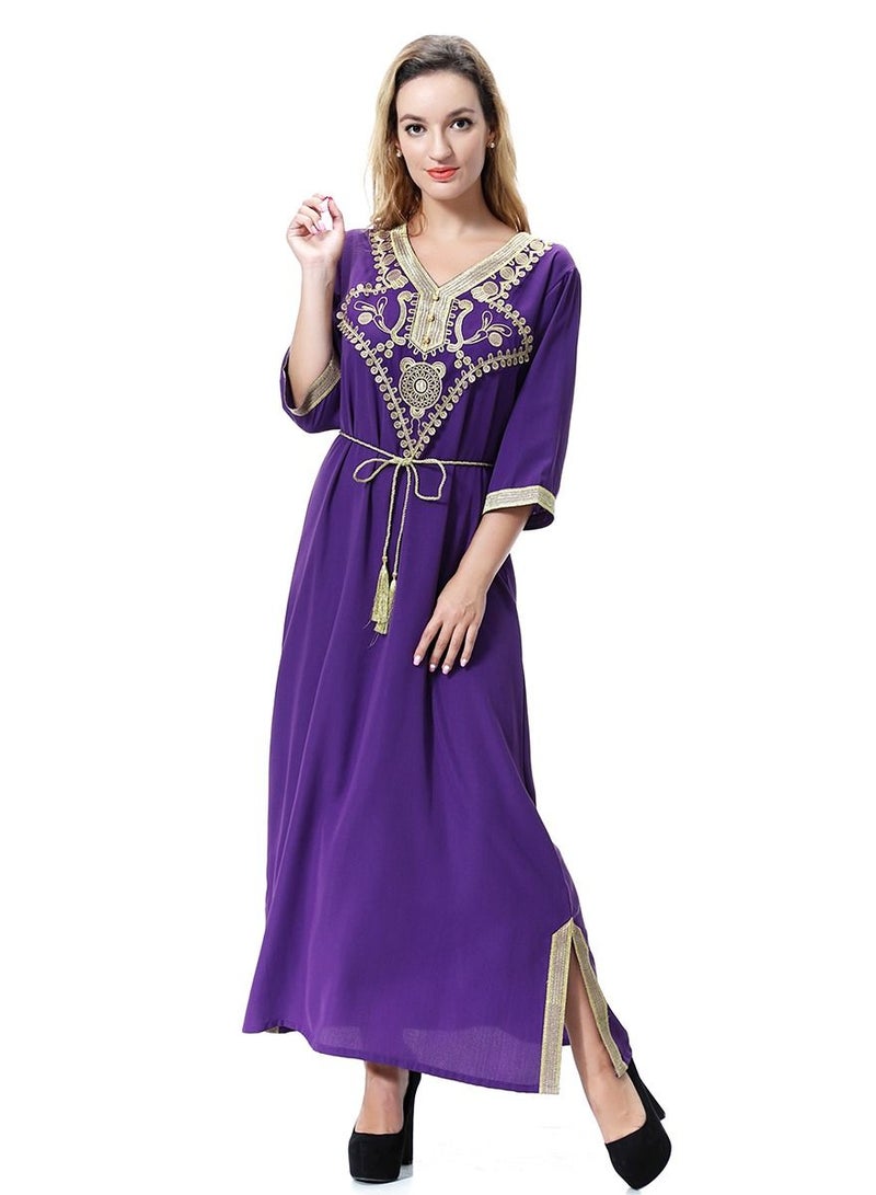 Loquat Women's V- Neck Three-Quarter Sleeve Embroidery Maxi Dress Robe With Belt Purple/Yellow  - Image 2