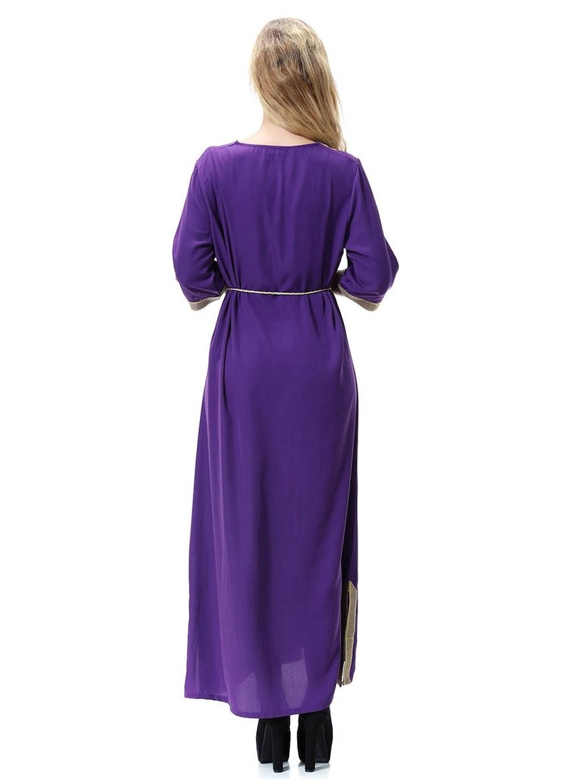 Loquat Women's V- Neck Three-Quarter Sleeve Embroidery Maxi Dress Robe With Belt Purple/Yellow  - Image 3