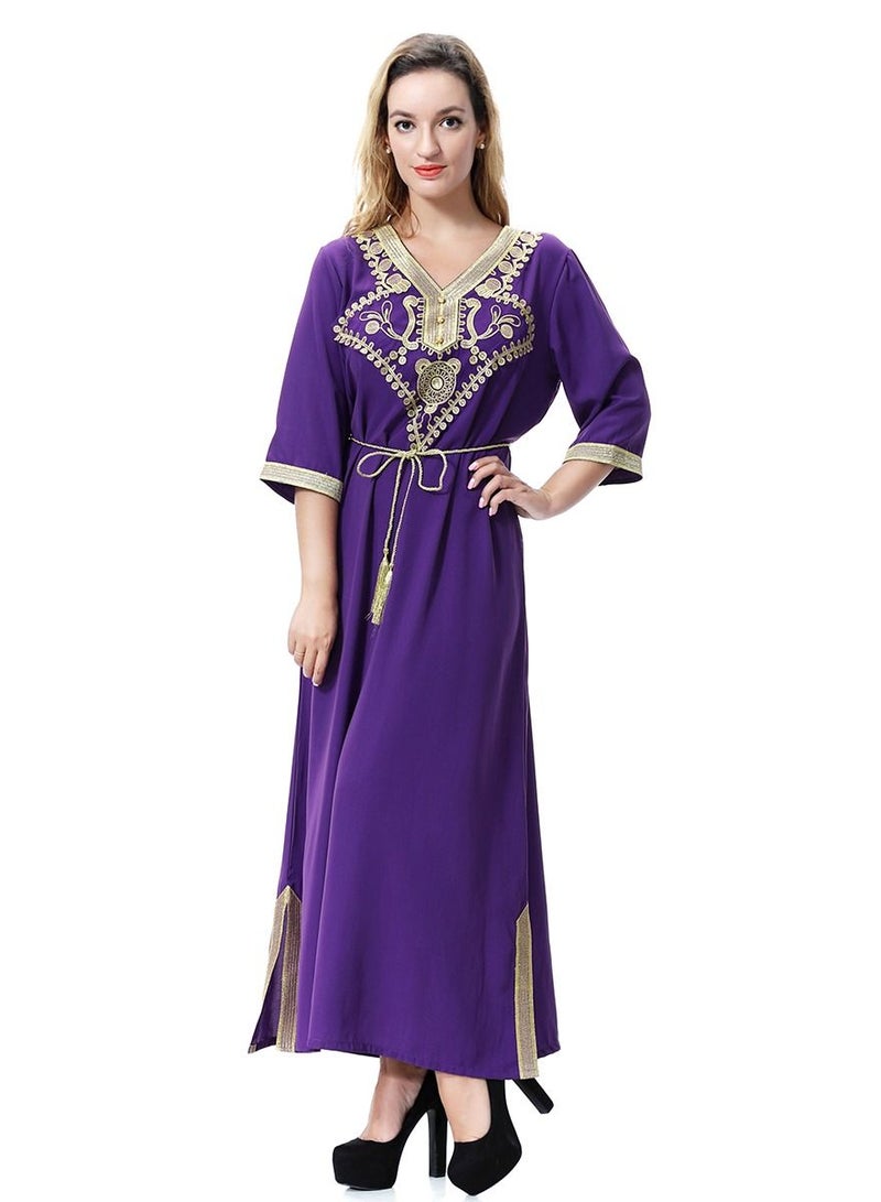 Loquat Women's V- Neck Three-Quarter Sleeve Embroidery Maxi Dress Robe With Belt Purple/Yellow  - Image 1