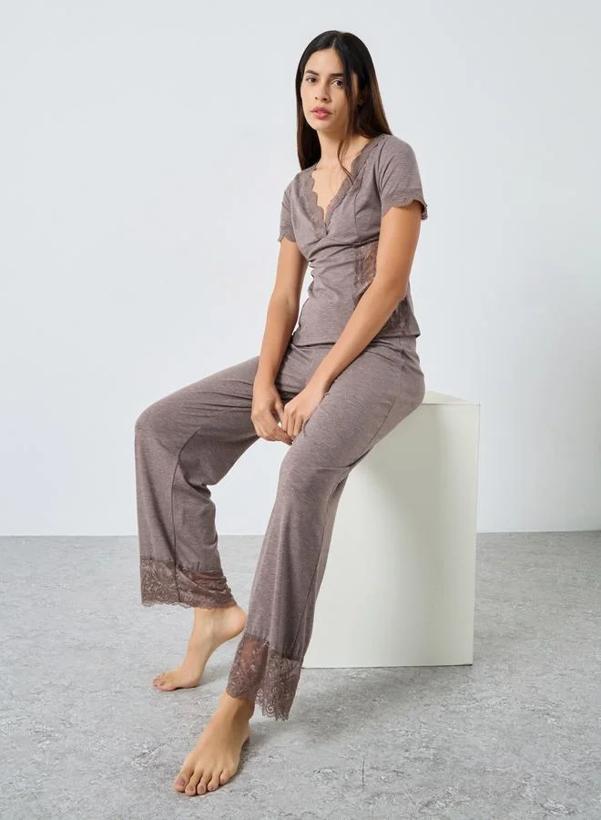 Styli Styli Lace Trim V Neck Top and Pyjama Set