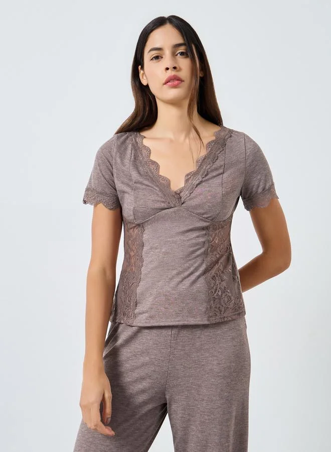 Styli Styli Lace Trim V Neck Top and Pyjama Set