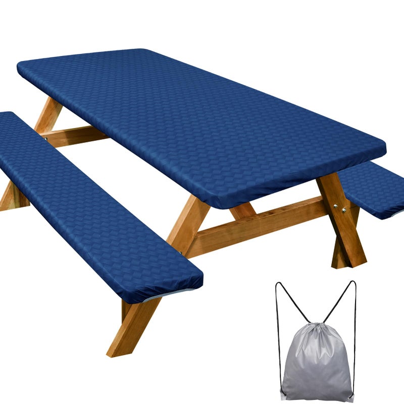 Play Tailor Picnic Table Cover with Bench Covers Camping Essentials Waterproof Windproof Camping Tablecloth with Drawstring Bag  Fitted Rectangle Tables and Seats  72in  Deep Blue - Image 1