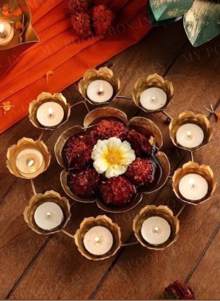 Lotus-Themed Gold Urli (12 inches) with 10 Petal-Shaped Tealight Holders – Decorative Centerpiece for Diwali & Festive Décor, comes in transparent top Black cardboard boxr - Image 1