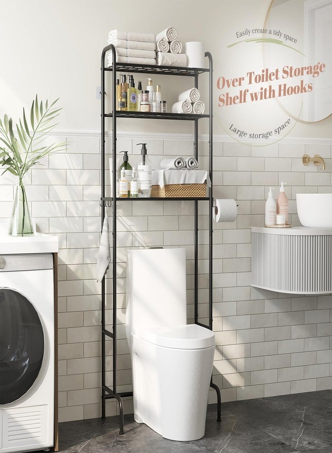 STDDRE 3-Tier Over The Toilet Storage Space Saver with Paper Holder Freestanding Rack Metal Bathroom Shelves with Hooks Above The Toilet Storage Shelf (Black, 3 Tier) - Image 3