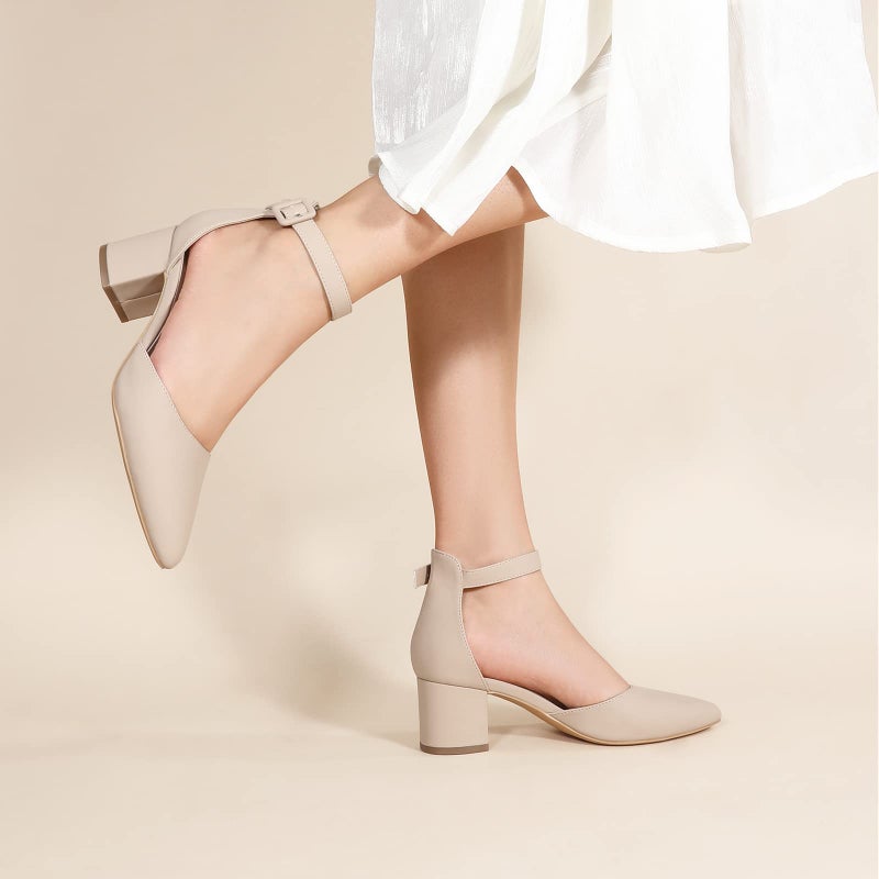Ankis Closed Toe Heels for Women -Nude Pointed Toe Heels Low Block Chunky Women Pumps with Ankle Strap -2.25 Inch - Image 5