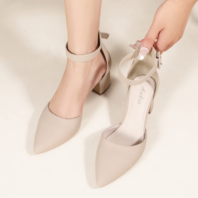 Ankis Closed Toe Heels for Women -Nude Pointed Toe Heels Low Block Chunky Women Pumps with Ankle Strap -2.25 Inch - Image 4