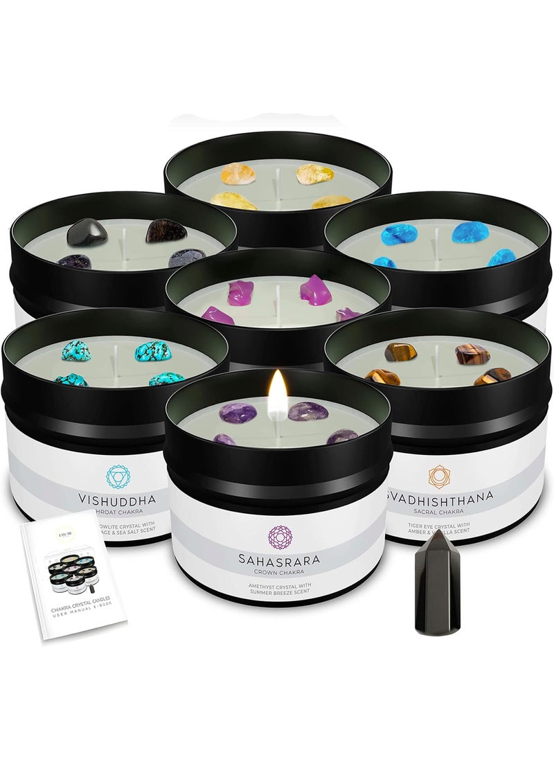 Lucir Store Healing Chakra Crystal Scented Candles Set with a Surprise Chakra Crystal Wand | Set of 7 x Scented Candles with Chakra Crystals, Surprise Chakra Crystal Wand | E-Book Included 