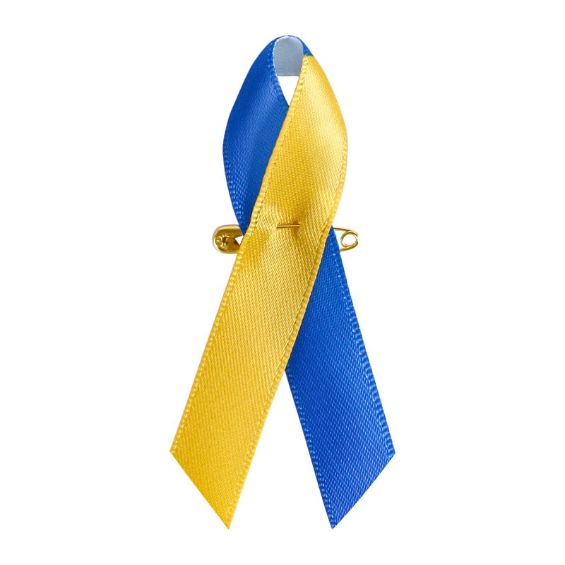 100 Pieces Satin Down Syndrome Awareness Ribbon with Safety Pins Blue Yellow Ribbons 14 x 3 inch