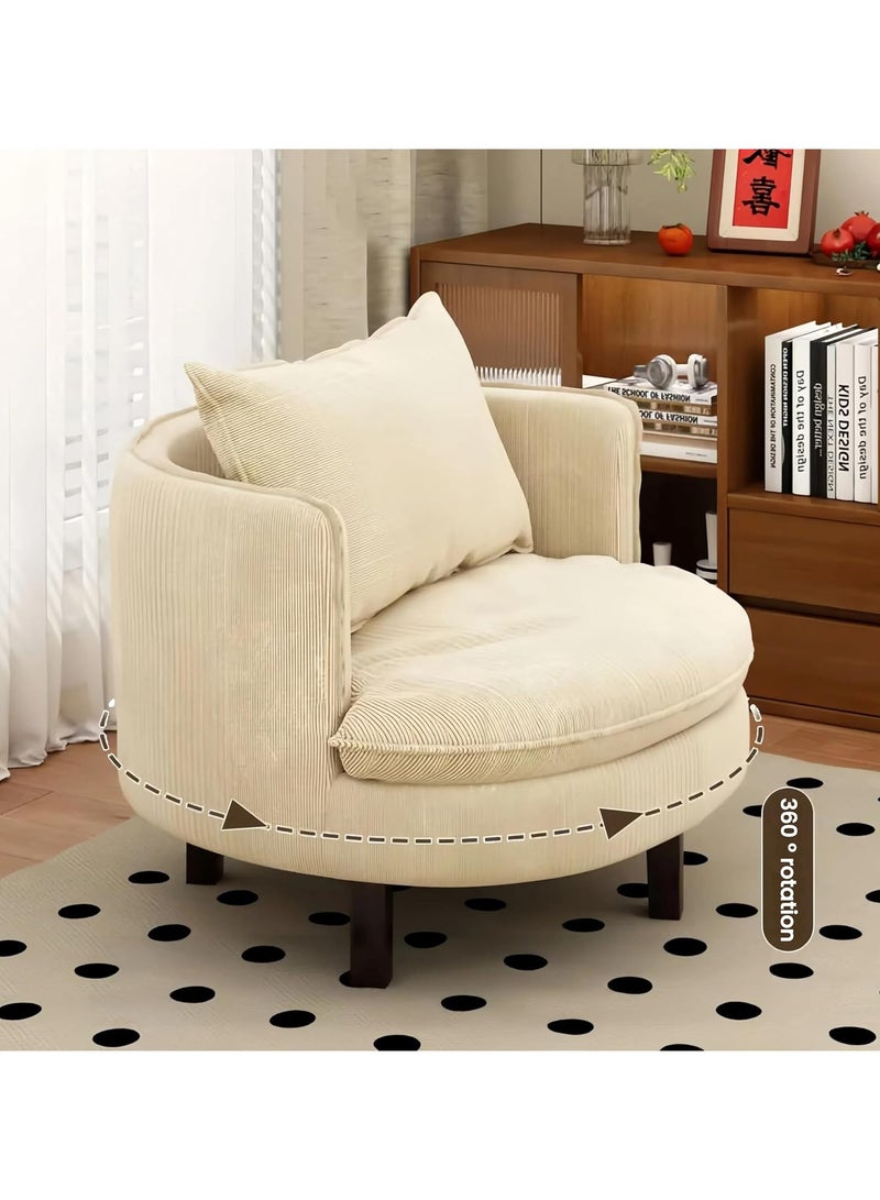 LEDIN 360 Degree Swivel Sofa Chair, Modern Comfy Corduroy Round Barrel Chair, Plush Foam Cushions, Metal Swivel Base for Living Room/Bedroom/Office, Beige  - Image 1