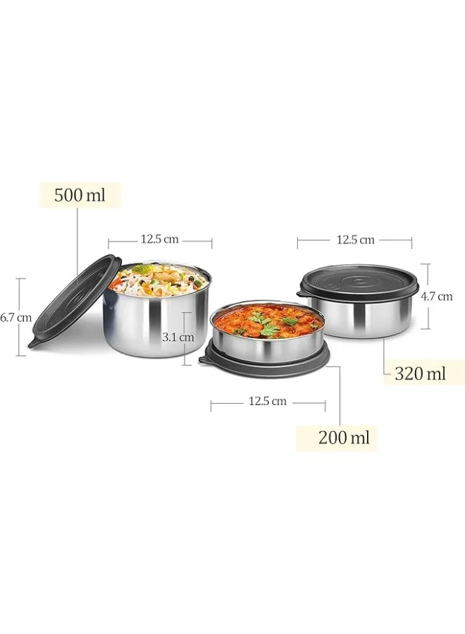 Milton Milton Tasty 3 Stainless Steel Lunch Box, Set of 3, 200 ml, 320 ml, 500 ml, Blue | Leak proof |  Easy to carry  | Stainless Steel | Odour Proof | Food Grade | Light Weight | Easy to Clean