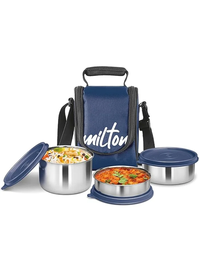 Milton Milton Tasty 3 Stainless Steel Lunch Box, Set of 3, 200 ml, 320 ml, 500 ml, Blue | Leak proof |  Easy to carry  | Stainless Steel | Odour Proof | Food Grade | Light Weight | Easy to Clean