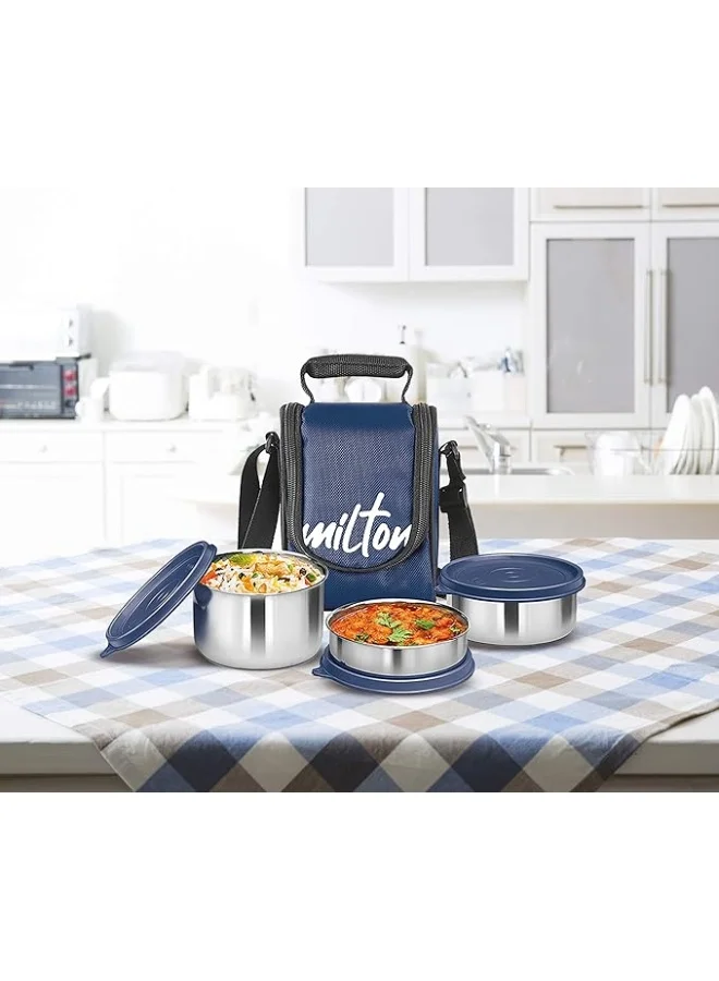 Milton Milton Tasty 3 Stainless Steel Lunch Box, Set of 3, 200 ml, 320 ml, 500 ml, Blue | Leak proof |  Easy to carry  | Stainless Steel | Odour Proof | Food Grade | Light Weight | Easy to Clean