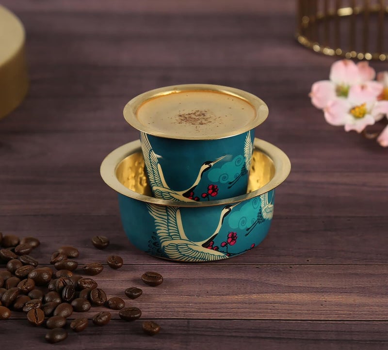 India Circus by Krsnaa Mehta India Circus by Krsnaa Mehta Legend of The Cranes Brass Coffee Tea Cup Tumbler Traditional Kumbakonam Dawara Set Filter Coffee Set Serving Drinkware 150 ml  - Image 1