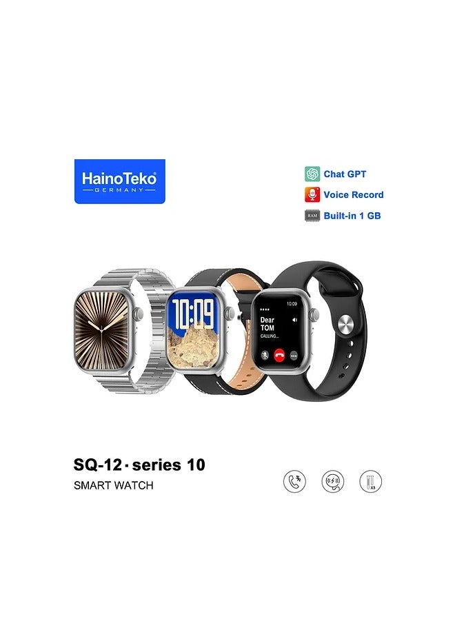 Haino Teko HainoTeko SQ-12 Series 10 Smart Watch with AMOLED Display Chat-GPT Video Recording Built-In 1 GB Ram and 3 Pair Straps Designed for Ladies and Gents Silver - Image 1