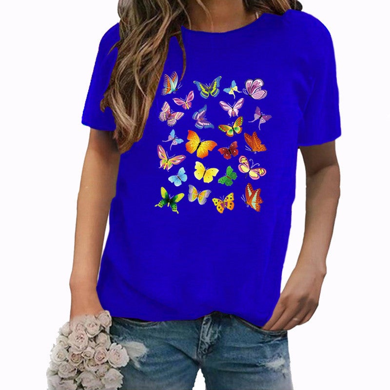 Wish Independent Station Butterfly Fun Pattern Printed Short Sleeve T-Shirt Women - Image 1