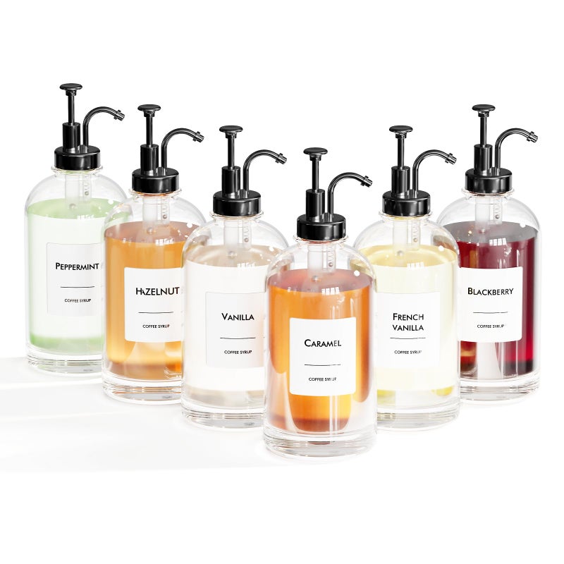 169 oz500 ml Coffee Syrup Dispenser Set  6 Glass Bottles with Black Pumper and Syrup Labels  Precise Dispensing and Stylish Addition to Coffee Shop Cafe or Home Bar