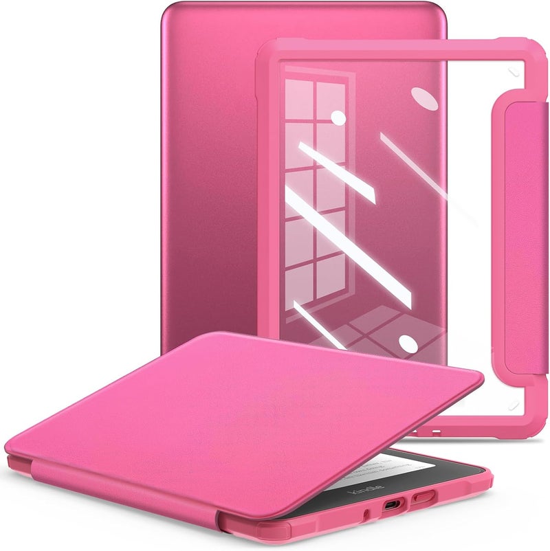 E NET-CASE غلاف لجهاز Kindle Paperwhite الإصدار الثاني عشر 2024 (7 بوصة) و Kindle Colorsoft Signature Edition، غلاف خلفي شفاف متين من جلد PU مع خاصية النوم والاستيقاظ التلقائي، لون توت العليق - Image 1