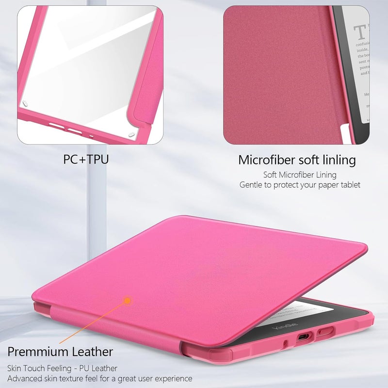 E NET-CASE غلاف لجهاز Kindle Paperwhite الإصدار الثاني عشر 2024 (7 بوصة) و Kindle Colorsoft Signature Edition، غلاف خلفي شفاف متين من جلد PU مع خاصية النوم والاستيقاظ التلقائي، لون توت العليق - Image 3