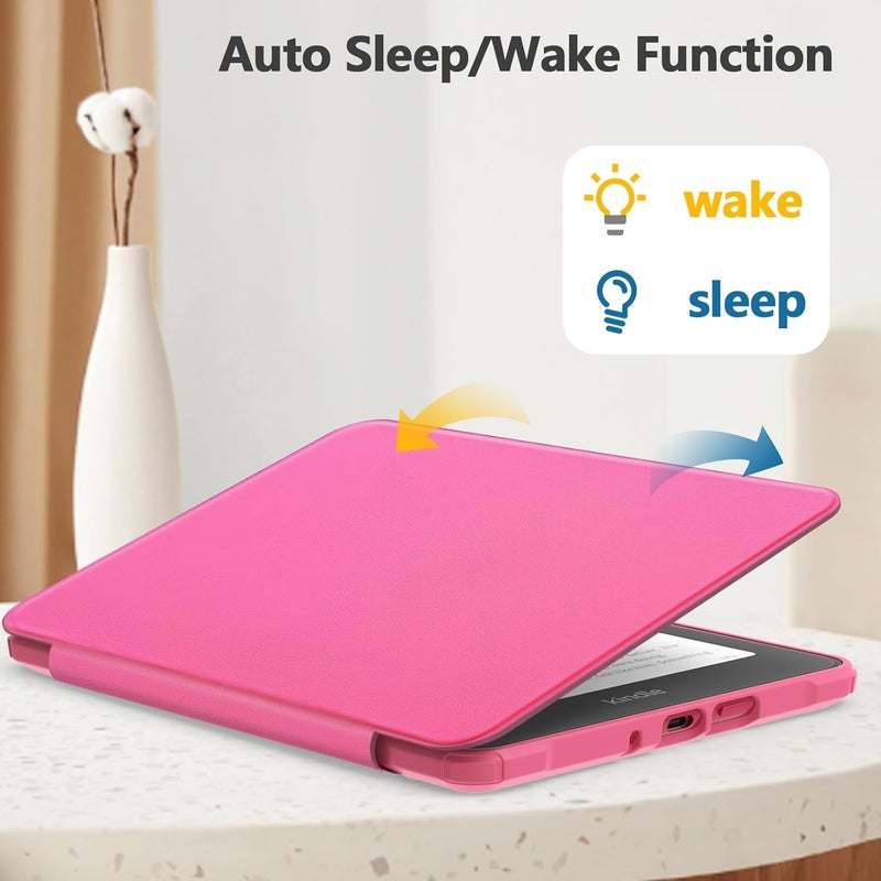 E NET-CASE غلاف لجهاز Kindle Paperwhite الإصدار الثاني عشر 2024 (7 بوصة) و Kindle Colorsoft Signature Edition، غلاف خلفي شفاف متين من جلد PU مع خاصية النوم والاستيقاظ التلقائي، لون توت العليق - Image 4