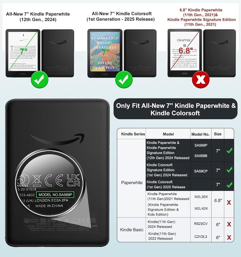 E NET-CASE غلاف لجهاز Kindle Paperwhite الإصدار الثاني عشر 2024 (7 بوصة) و Kindle Colorsoft Signature Edition، غلاف خلفي شفاف متين من جلد PU مع خاصية النوم والاستيقاظ التلقائي، لون توت العليق - Image 2