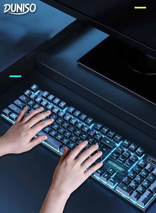 DUNISO Mechanical Gaming Keyboard 104 Key Floating Keycap Wired Keyboard with Ice Blue Backlit RGB Silent Office Keyboard for PC Gaming and Working - Image 1