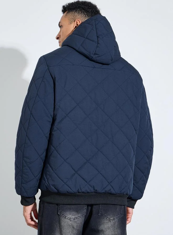 Styli  Navy Blue Diagonal Quilted Hooded Puffer Jacket for Men | Best Price UAE