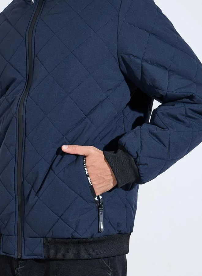 Styli  Navy Blue Diagonal Quilted Hooded Puffer Jacket for Men | Best Price UAE