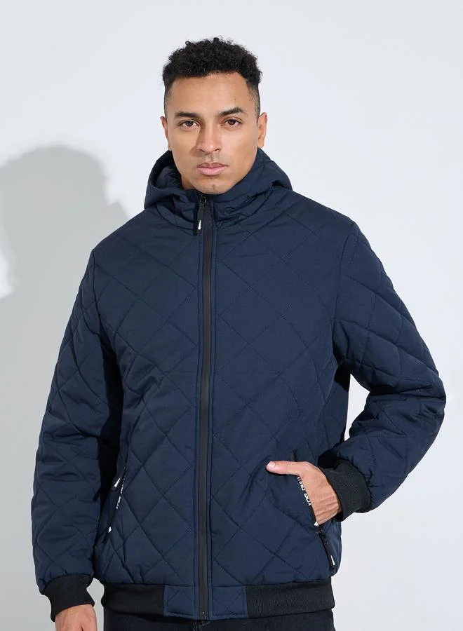 Styli  Navy Blue Diagonal Quilted Hooded Puffer Jacket for Men | Best Price UAE